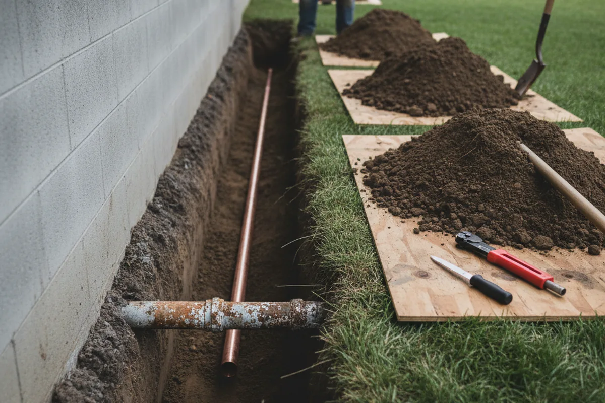 Excavated water line trench during Water Softener Installation in Sackets Harbor